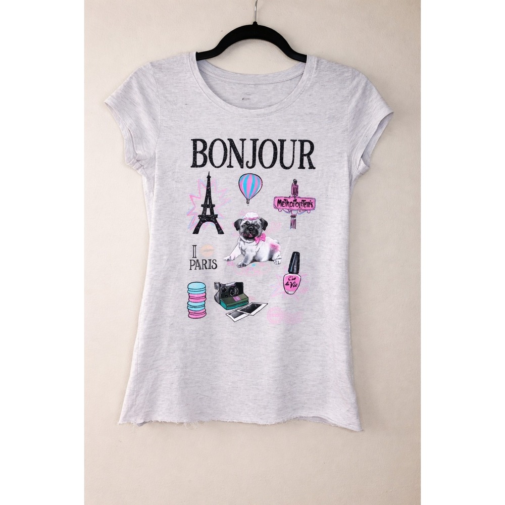 Girls Bonjour Paris Pug Graphic T Shirt White Short Sleeve‎ Raw Hem Size 14 16
